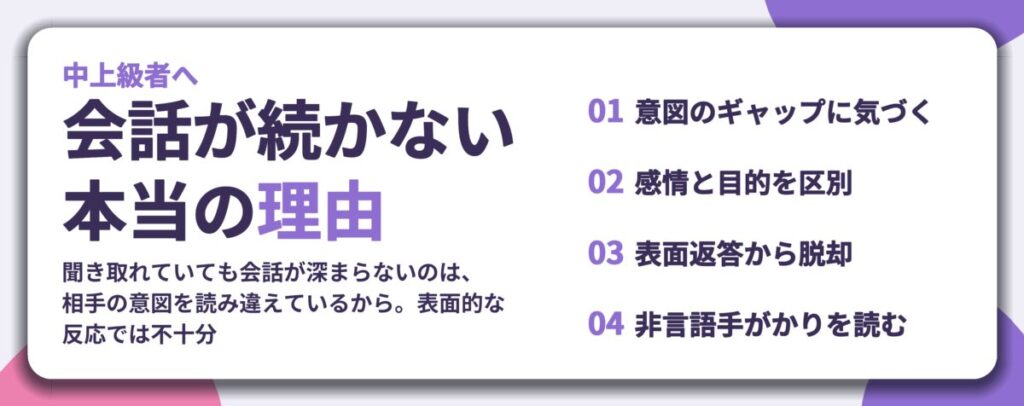 会話が続かない 本当の理由。意図のギャップに気づく、感情と目的を区別、表面返答から脱却、非言語手がかりを読む