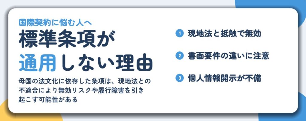 標準条項が 通用しない理由。現地法と抵触で無効、書面要件の違いに注意、個人情報開示が不備