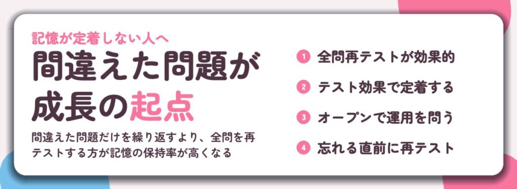 間違えた問題が 成長の起点。全問再テストが効果的、テスト効果で定着する、オープンで運用を問う、忘れる直前に再テスト