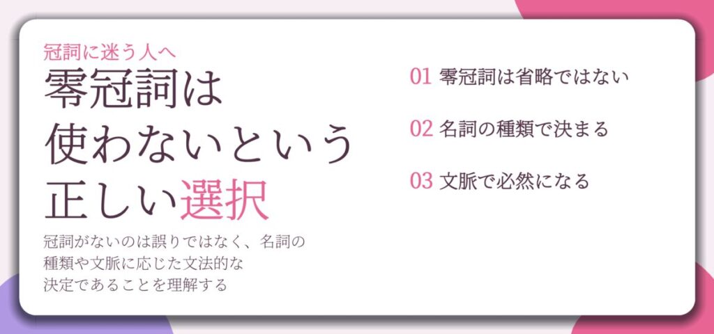 零冠詞は 使わないという 正しい選択。零冠詞は省略ではない、名詞の種類で決まる、文脈で必然になる
