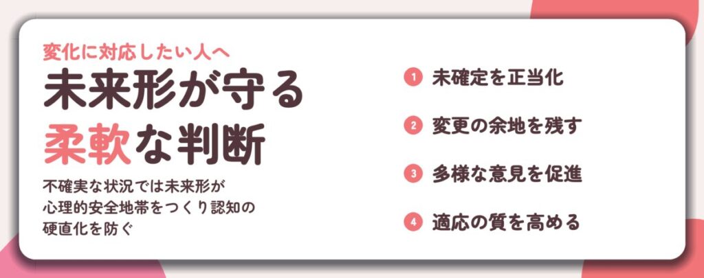 未来形が守る 柔軟な判断。未確定を正当化、変更の余地を残す、多様な意見を促進、適応の質を高める