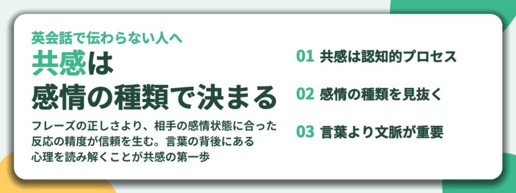 共感は 感情の種類で決まる。共感は認知的プロセス、感情の種類を見抜く、言葉より文脈が重要