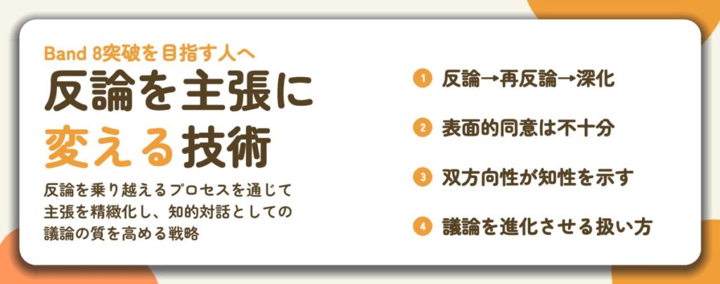 反論を主張に 変える技術。反論→再反論→深化、表面的同意は不十分、双方向性が知性を示す、議論を進化させる扱い方