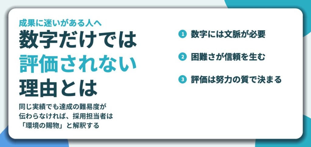 数字だけでは 評価されない 理由とは。数字には文脈が必要、困難さが信頼を生む、評価は努力の質で決まる