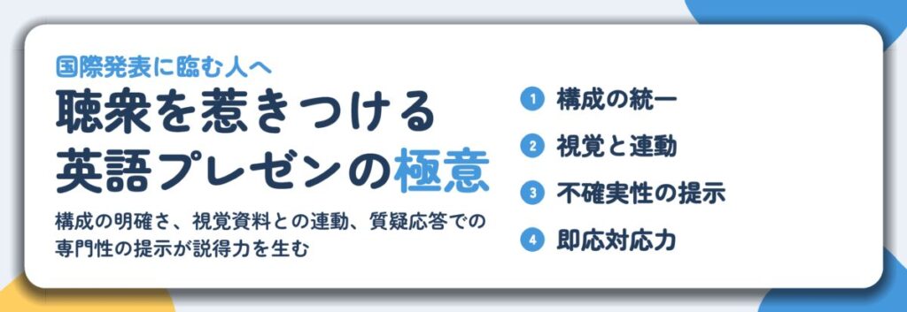 聴衆を惹きつける 英語プレゼンの極意。構成の統一、視覚と連動、不確実性の提示、即応対応力