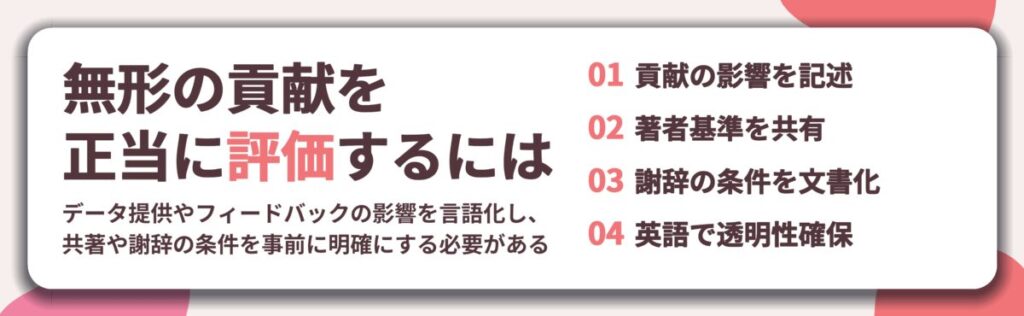 無形の貢献を 正当に評価するには。貢献の影響を記述、著者基準を共有、謝辞の条件を文書化、英語で透明性確保