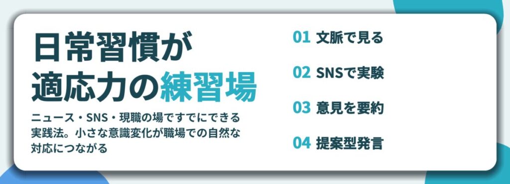 日常習慣が 適応力の練習場。文脈で見る、SNSで実験、意見を要約、提案型発言
