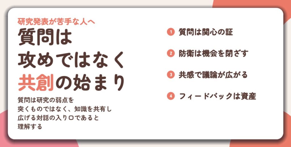 質問は 攻めではなく 共創の始まり。質問は関心の証、防衛は機会を閉ざす、共感で議論が広がる、フィードバックは資産