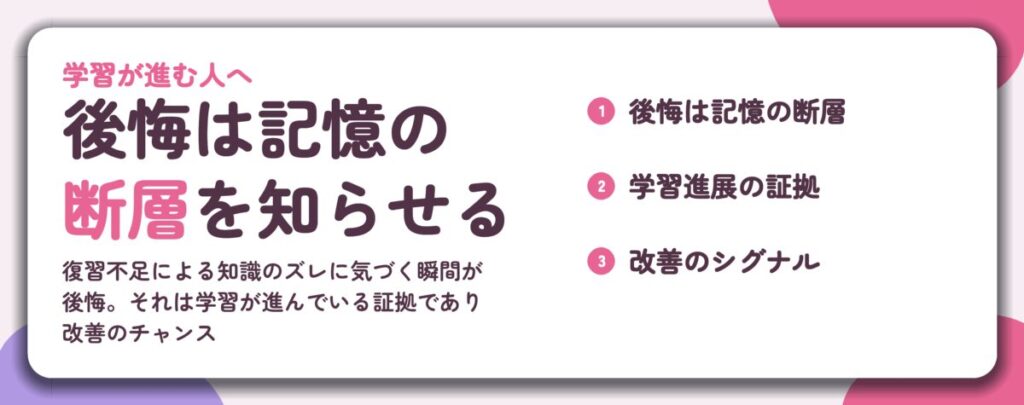 後悔は記憶の 断層を知らせる。後悔は記憶の断層、学習進展の証拠、改善のシグナル