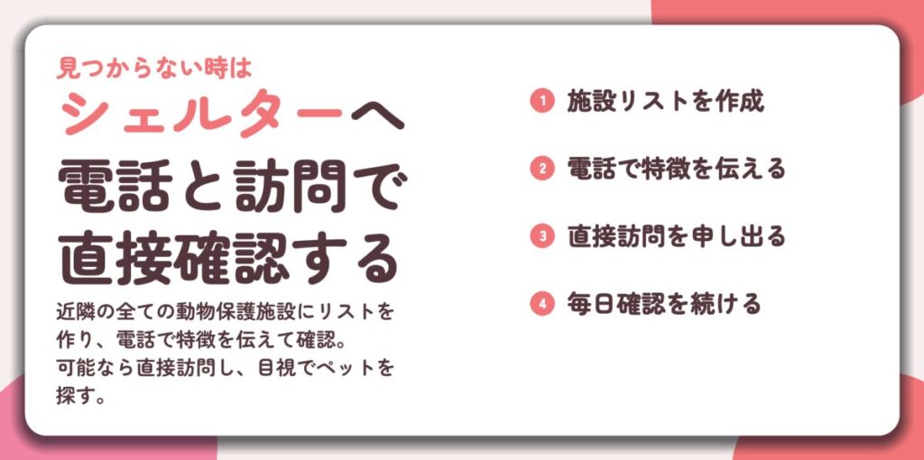 シェルターへ 電話と訪問で 直接確認する。施設リストを作成、電話で特徴を伝える、直接訪問を申し出る、毎日確認を続ける