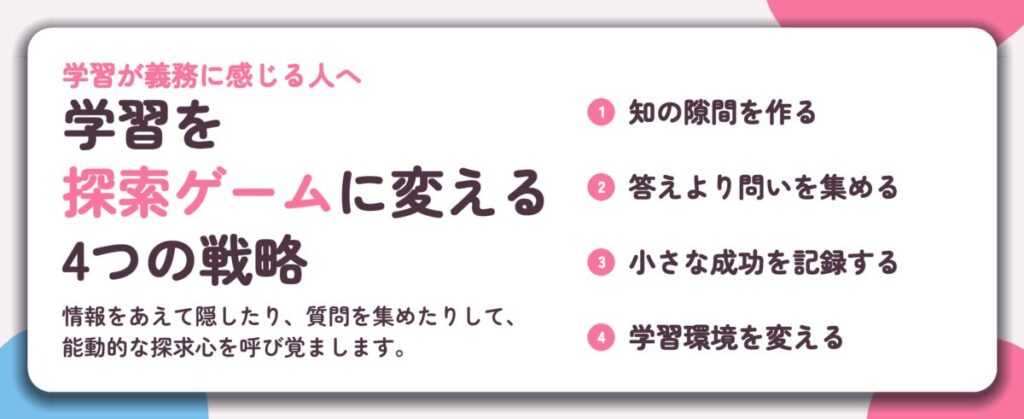 学習を 探索ゲームに変える 4つの戦略。知の隙間を作る、答えより問いを集める、小さな成功を記録する、学習環境を変える