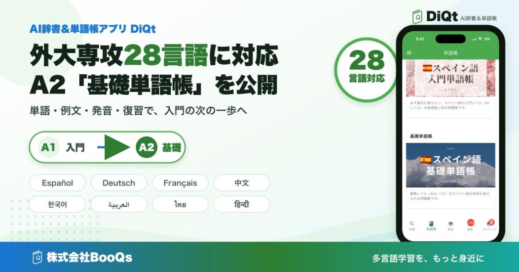 AI辞書アプリDiQt、28言語のA2レベル基礎単語帳を追加 例文学習や発音問題で語彙定着を強化