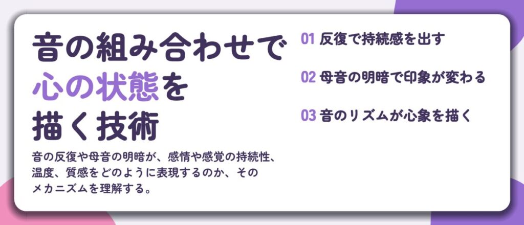 音の組み合わせで 心の状態を 描く技術。反復で持続感を出す、母音の明暗で印象が変わる、音のリズムが心象を描く