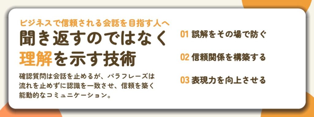 聞き返すのではなく 理解を示す技術。誤解をその場で防ぐ、信頼関係を構築する、表現力を向上させる