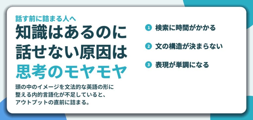 知識はあるのに 話せない原因は 思考のモヤモヤ。検索に時間がかかる、文の構造が決まらない、表現が単調になる