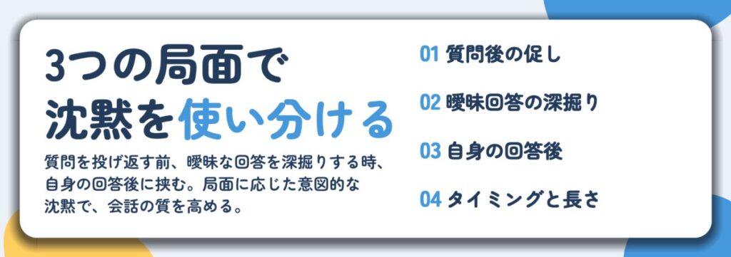 3つの局面で 沈黙を使い分ける。質問後の促し、曖昧回答の深掘り、自身の回答後、タイミングと長さ