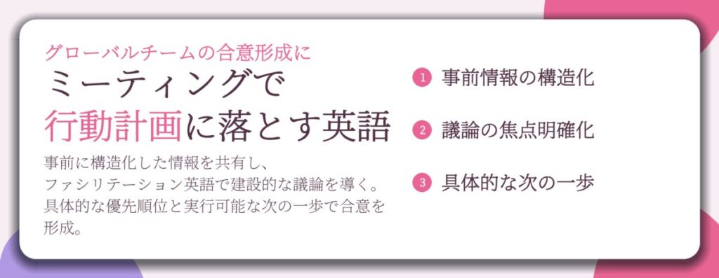 ミーティングで 行動計画に落とす英語。事前情報の構造化、議論の焦点明確化、具体的な次の一歩