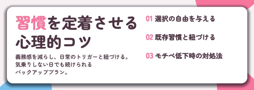 習慣を定着させる 心理的コツ。選択の自由を与える、既存習慣と紐づける、モチベ低下時の対処法