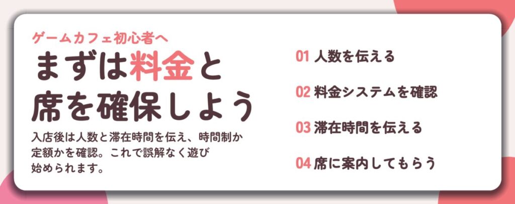 まずは料金と 席を確保しよう。人数を伝える、料金システムを確認、滞在時間を伝える、席に案内してもらう