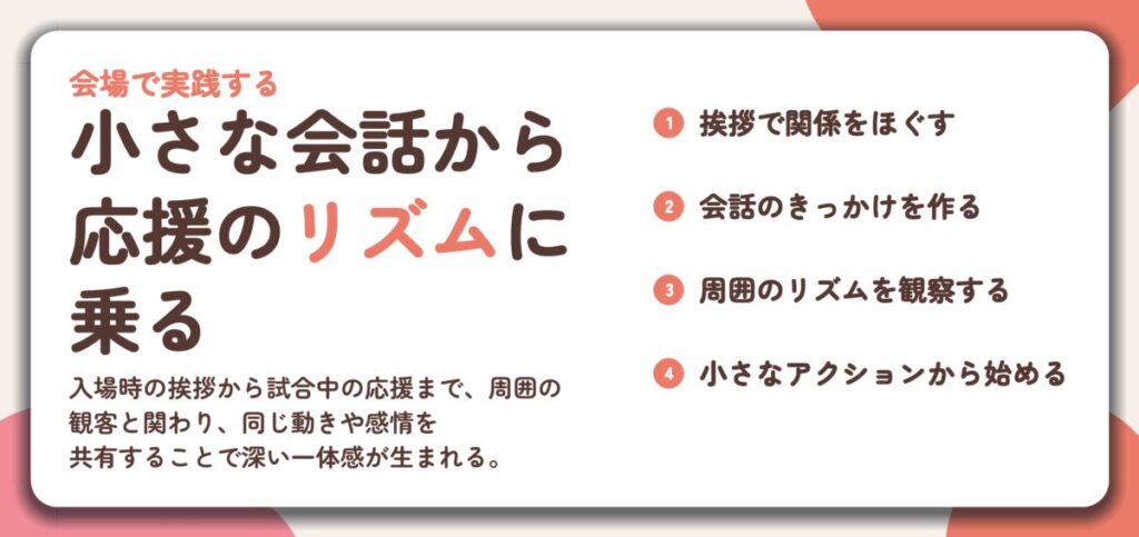 小さな会話から 応援のリズムに 乗る。挨拶で関係をほぐす、会話のきっかけを作る、周囲のリズムを観察する、小さなアクションから始める