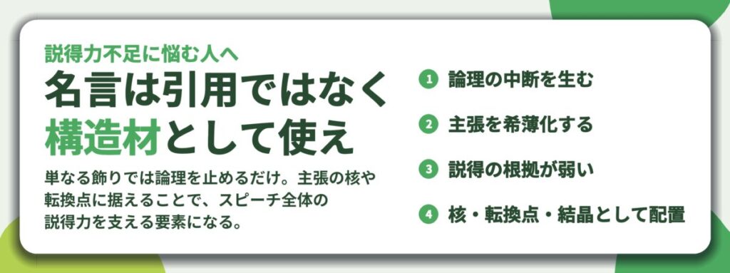 名言は引用ではなく 構造材として使え。論理の中断を生む、主張を希薄化する、説得の根拠が弱い、核・転換点・結晶として配置