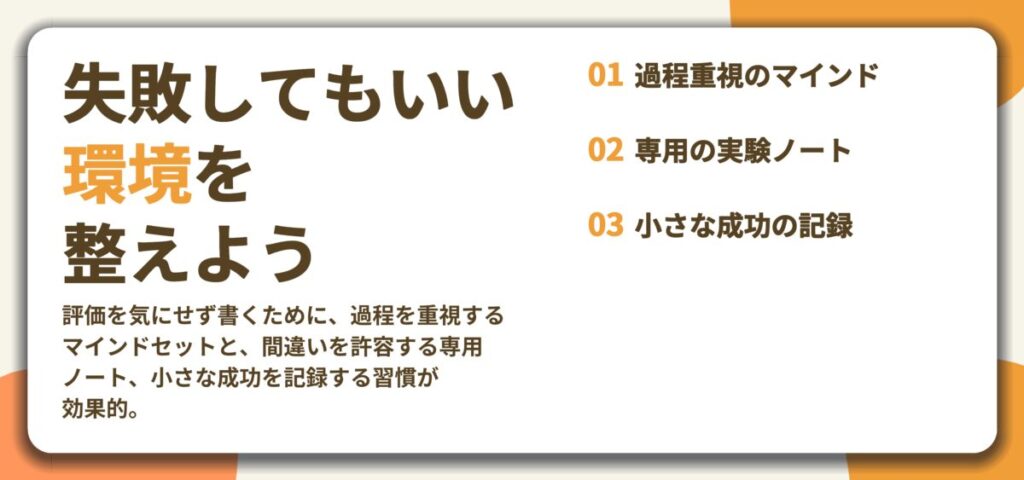 失敗してもいい 環境を 整えよう。過程重視のマインド、専用の実験ノート、小さな成功の記録