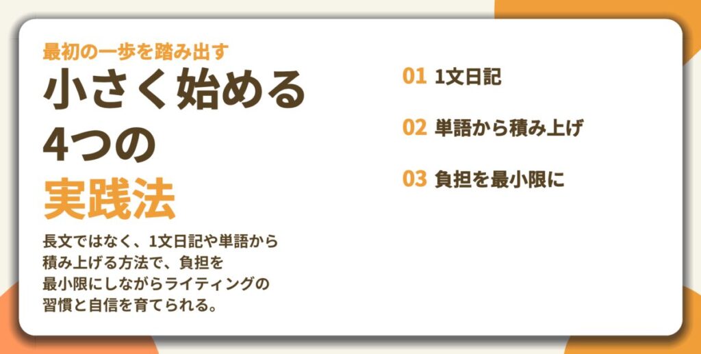 小さく始める 4つの 実践法。1文日記、単語から積み上げ、負担を最小限に