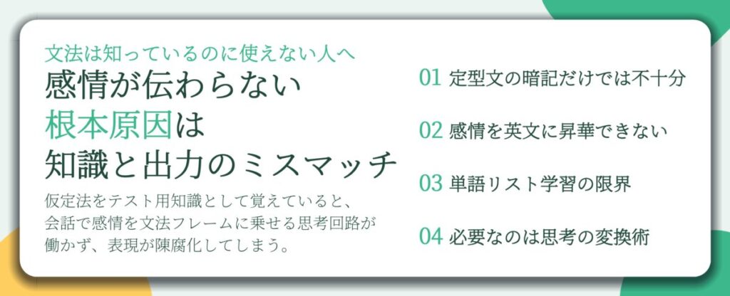 感情が伝わらない 根本原因は 知識と出力のミスマッチ。定型文の暗記だけでは不十分、感情を英文に昇華できない、単語リスト学習の限界、必要なのは思考の変換術