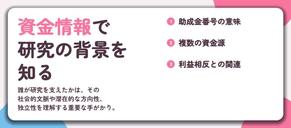 資金情報で 研究の背景を 知る。助成金番号の意味、複数の資金源、利益相反との関連