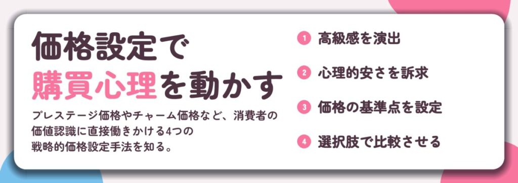 価格設定で 購買心理を動かす。高級感を演出、心理的安さを訴求、価格の基準点を設定、選択肢で比較させる