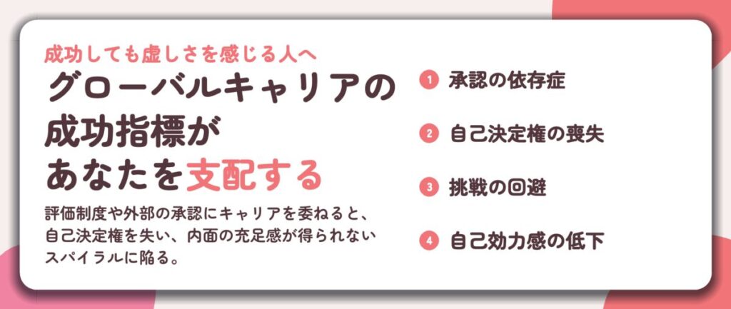 グローバルキャリアの 成功指標が あなたを支配する。承認の依存症、自己決定権の喪失、挑戦の回避、自己効力感の低下