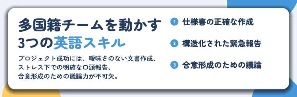 多国籍チームを動かす 3つの英語スキル。仕様書の正確な作成、構造化された緊急報告、合意形成のための議論