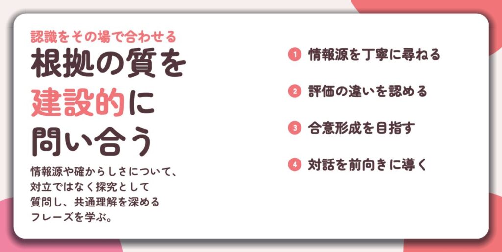 根拠の質を 建設的に 問い合う。情報源を丁寧に尋ねる、評価の違いを認める、合意形成を目指す、対話を前向きに導く