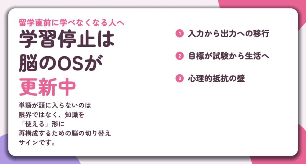 学習停止は 脳のOSが 更新中。入力から出力への移行、目標が試験から生活へ、心理的抵抗の壁