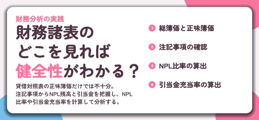 財務諸表の どこを見れば 健全性がわかる?。総簿価と正味簿価、注記事項の確認、NPL比率の算出、引当金充当率の算出