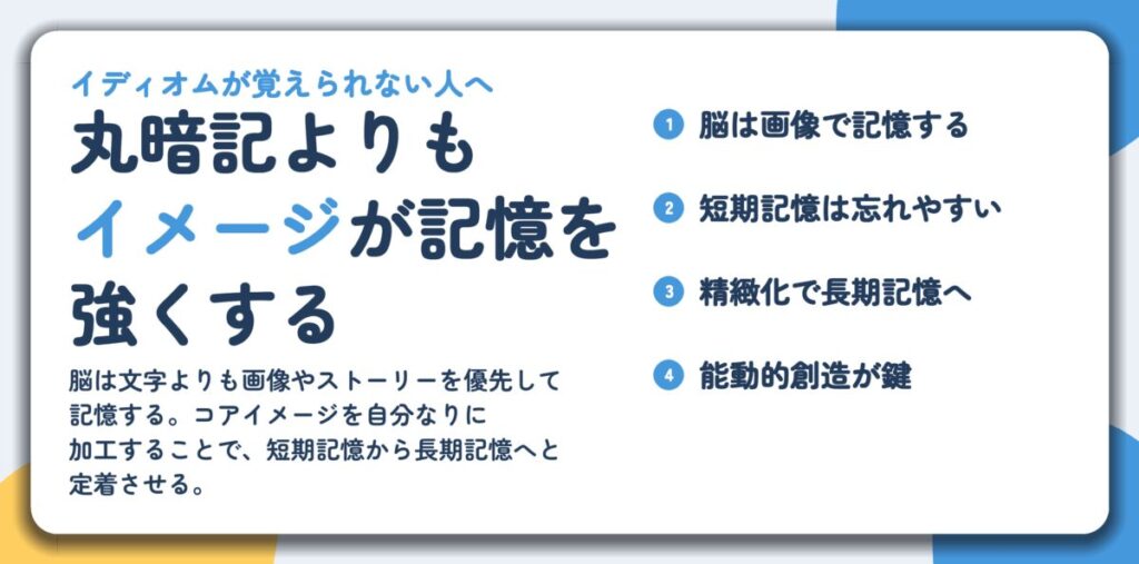 丸暗記よりも イメージが記憶を 強くする。脳は画像で記憶する、短期記憶は忘れやすい、精緻化で長期記憶へ、能動的創造が鍵
