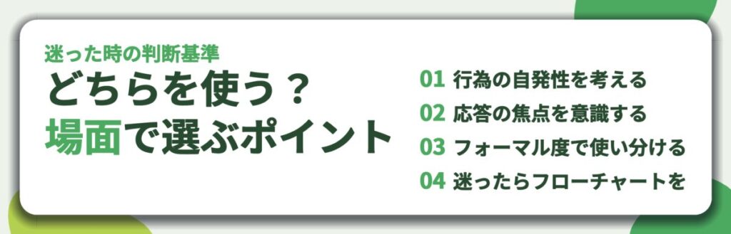 どちらを使う? 場面で選ぶポイント。行為の自発性を考える、応答の焦点を意識する、フォーマル度で使い分ける、迷ったらフローチャートを
