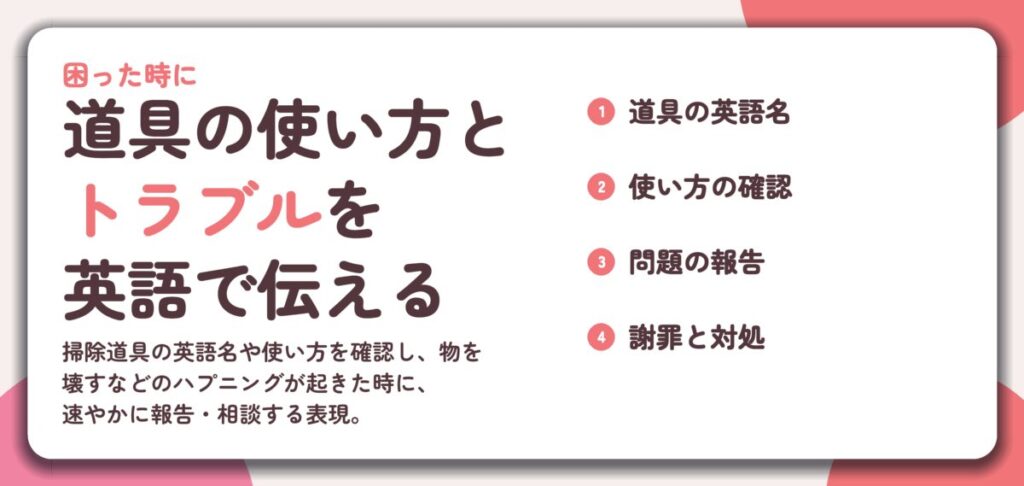 道具の使い方と トラブルを 英語で伝える。道具の英語名、使い方の確認、問題の報告、謝罪と対処