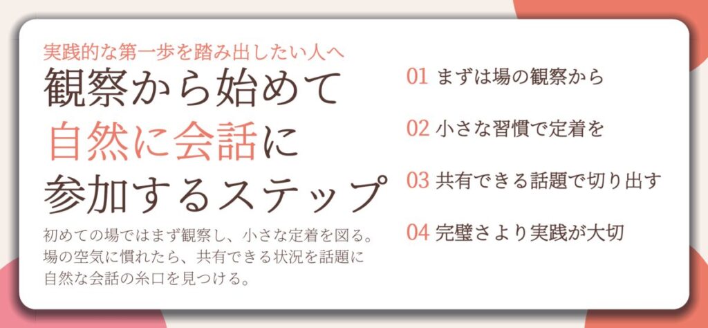 観察から始めて 自然に会話に 参加するステップ。まずは場の観察から、小さな習慣で定着を、共有できる話題で切り出す、完璧さより実践が大切