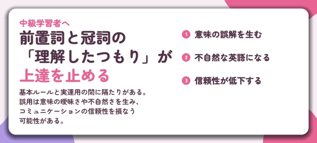 前置詞と冠詞の 「理解したつもり」が 上達を止める。意味の誤解を生む、不自然な英語になる、信頼性が低下する