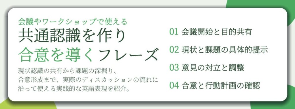 共通認識を作り 合意を導くフレーズ。会議開始と目的共有、現状と課題の具体的提示、意見の対立と調整、合意と行動計画の確認
