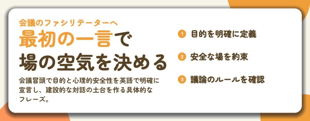 最初の一言で 場の空気を決める。目的を明確に定義、安全な場を約束、議論のルールを確認