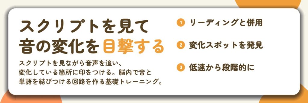 スクリプトを見て 音の変化を目撃する。リーディングと併用、変化スポットを発見、低速から段階的に