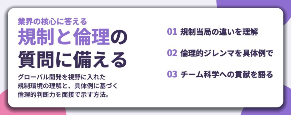 規制と倫理の 質問に備える。規制当局の違いを理解、倫理的ジレンマを具体例で、チーム科学への貢献を語る