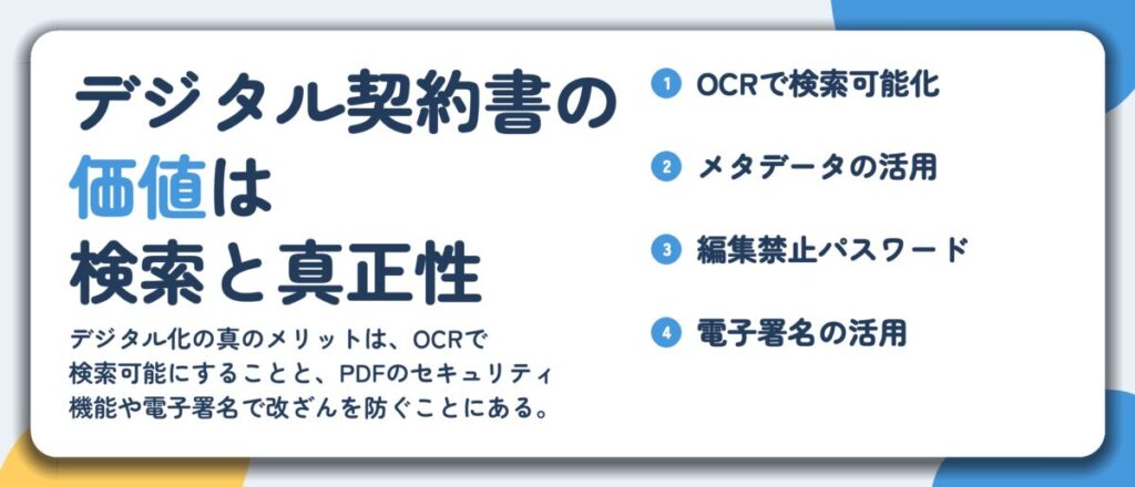 デジタル契約書の 価値は 検索と真正性。OCRで検索可能化、メタデータの活用、編集禁止パスワード、電子署名の活用