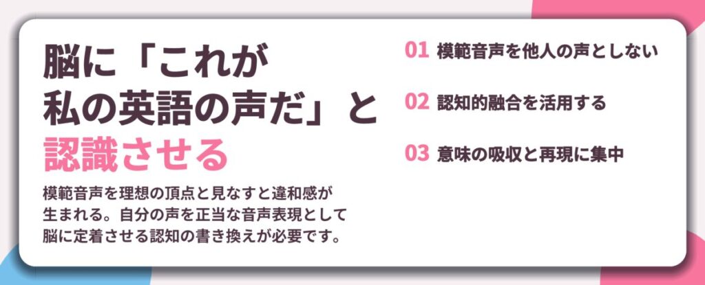脳に「これが 私の英語の声だ」と 認識させる。模範音声を他人の声としない、認知的融合を活用する、意味の吸収と再現に集中