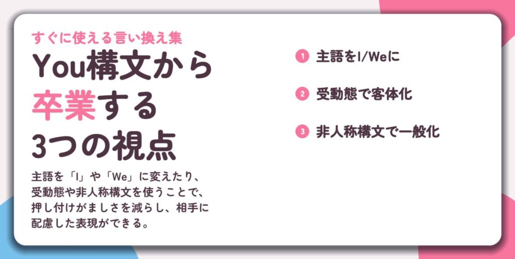You構文から 卒業する 3つの視点。主語をI/Weに、受動態で客体化、非人称構文で一般化