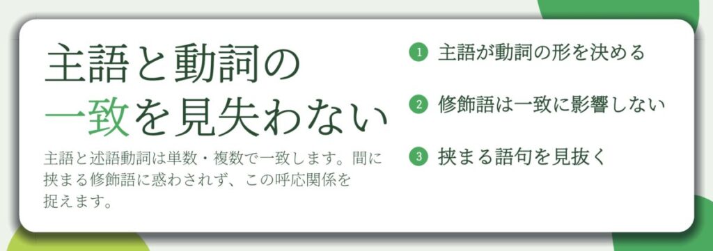 主語と動詞の 一致を見失わない。主語が動詞の形を決める、修飾語は一致に影響しない、挟まる語句を見抜く
