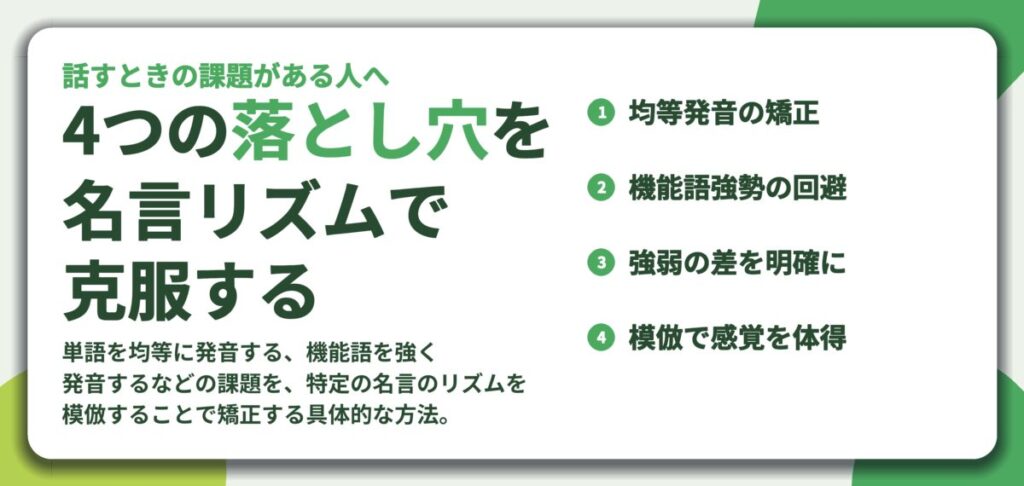 4つの落とし穴を 名言リズムで 克服する。均等発音の矯正、機能語強勢の回避、強弱の差を明確に、模倣で感覚を体得