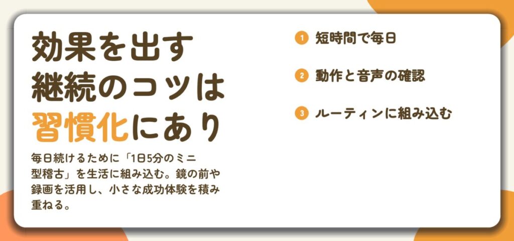 効果を出す 継続のコツは 習慣化にあり。短時間で毎日、動作と音声の確認、ルーティンに組み込む